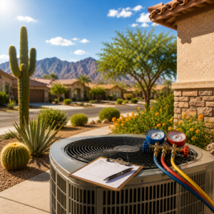 Residential air conditioner condenser in a desert suburb, with manifold gauges and a clipboard on top