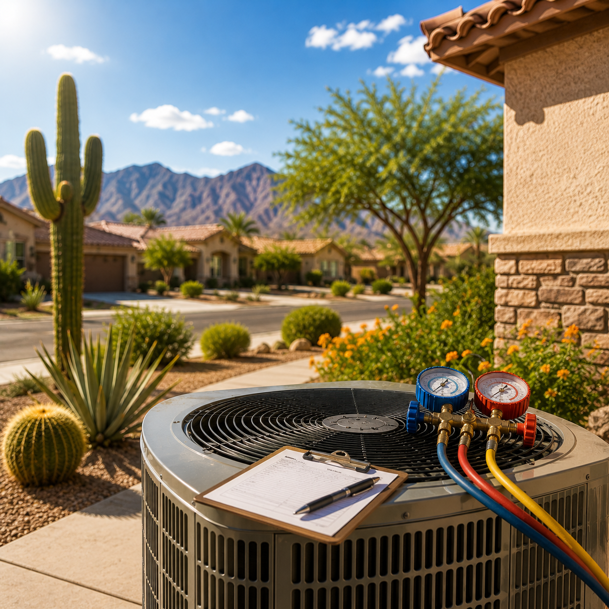 Residential air conditioner condenser in a desert suburb, with manifold gauges and a clipboard on top