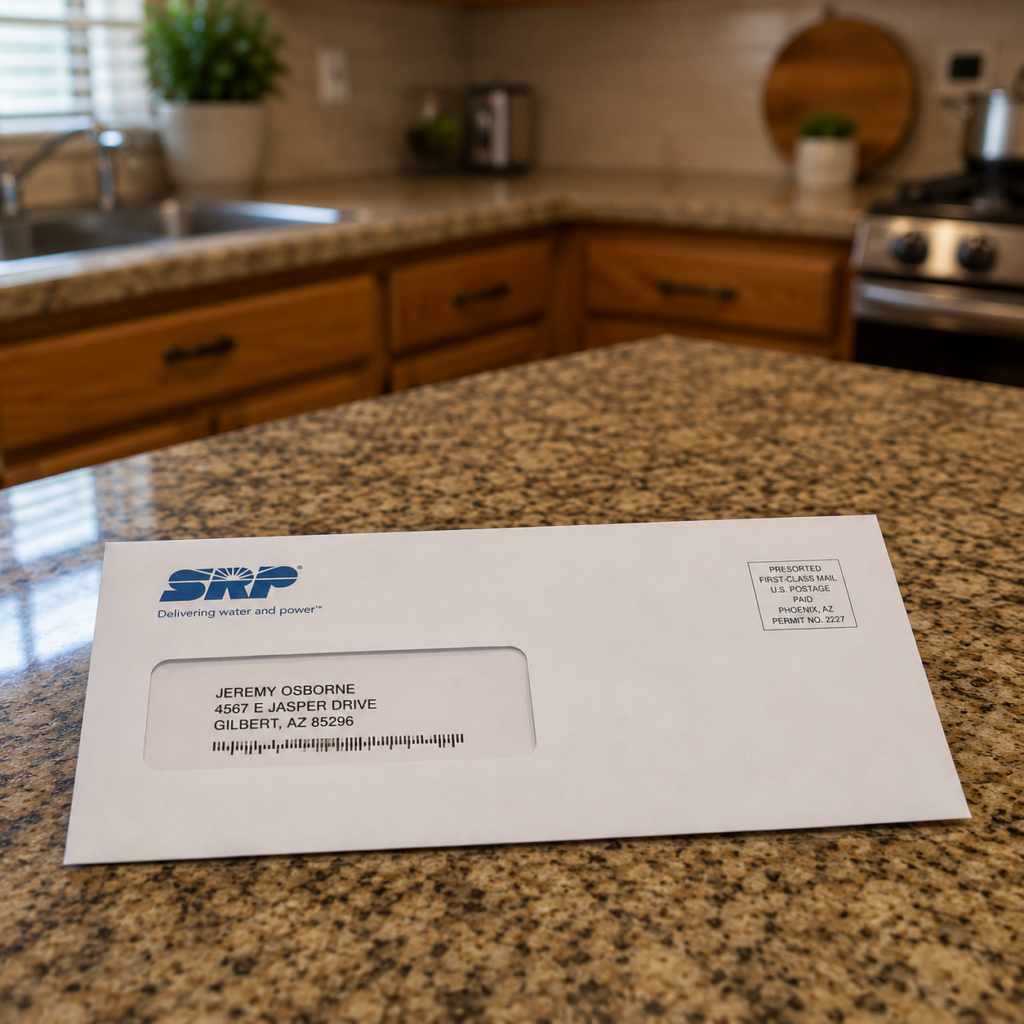 White envelope with a printed address label on a speckled granite kitchen counter, with wooden cabinets in the background.