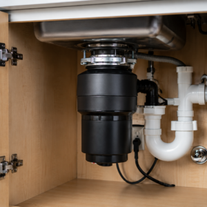 Under-sink view of a black garbage disposal unit connected to the sink drain with white PVC piping nearby