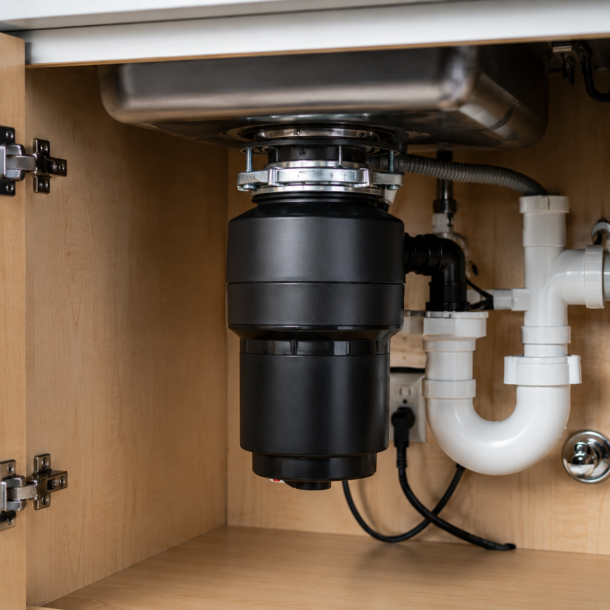 Under-sink view of a black garbage disposal unit connected to the sink drain with white PVC piping nearby