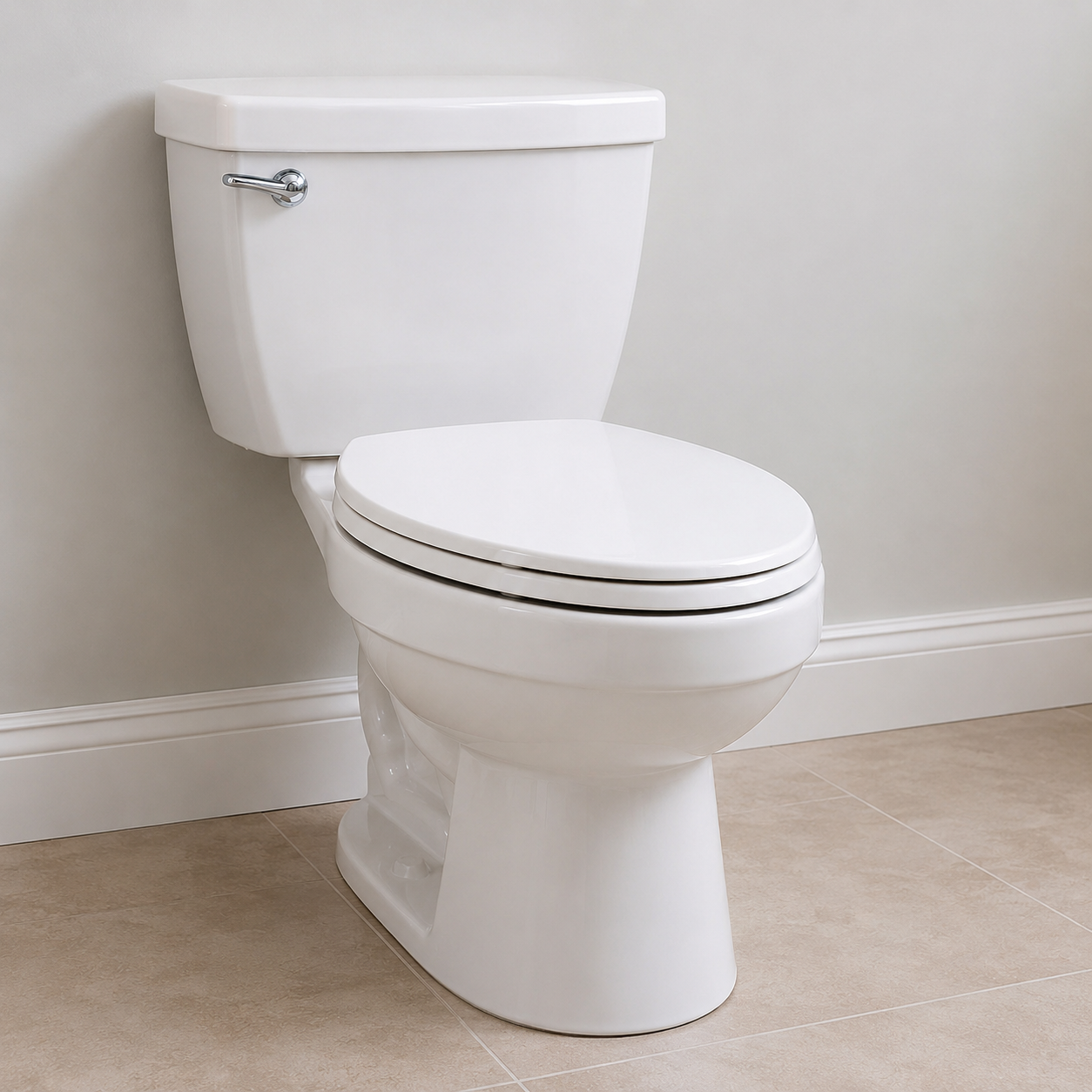 White ceramic toilet with tank and closed lid in a light bathroom with beige tiled floor.