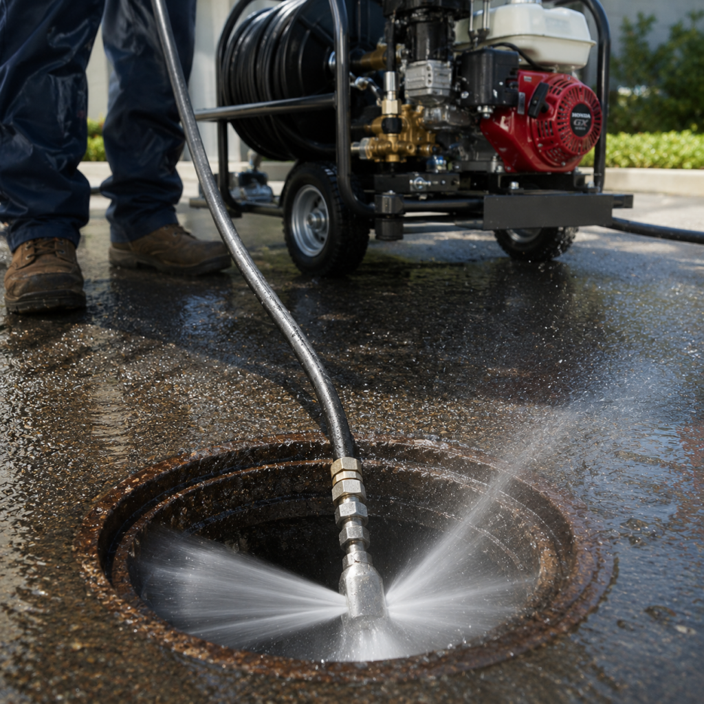 Hydro jetting service cleaning a residential sewer line with high-pressure water to remove drain blockages and buildup.